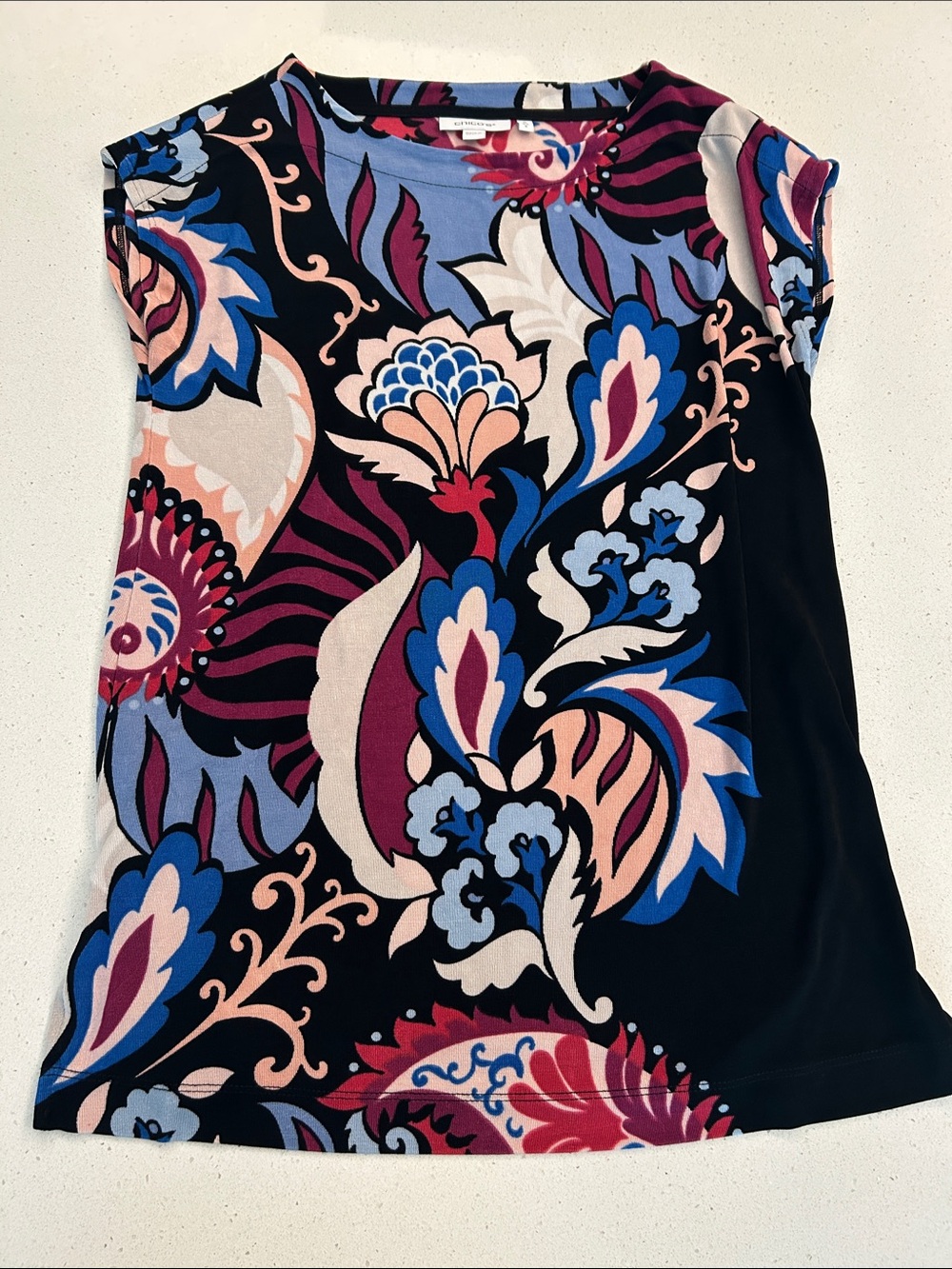 Chico's Black Top with Multicolor Floral Paisley Print